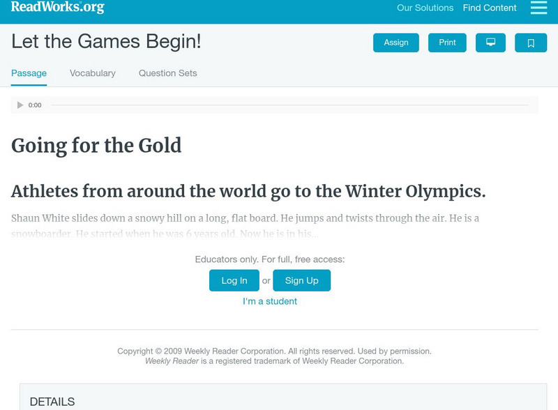 Read Works: Let the Games Begin! Activity Read Works: Let the Games Begin! Activity