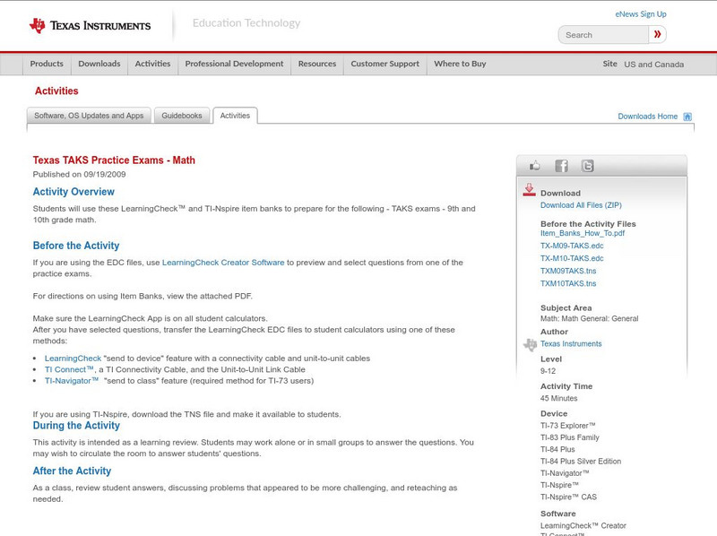 Texas Instruments: Texas Taks Practice Exams Math Activity