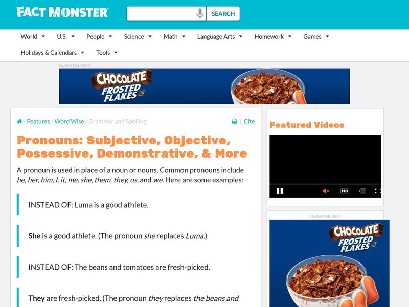 Fact Monster: Pronouns: Subjective, Objective, Possessive, Demonstrative, Etc. Handout Fact Monster: Pronouns: Subjective, Objective, Possessive, Demonstrative, Etc. Handout