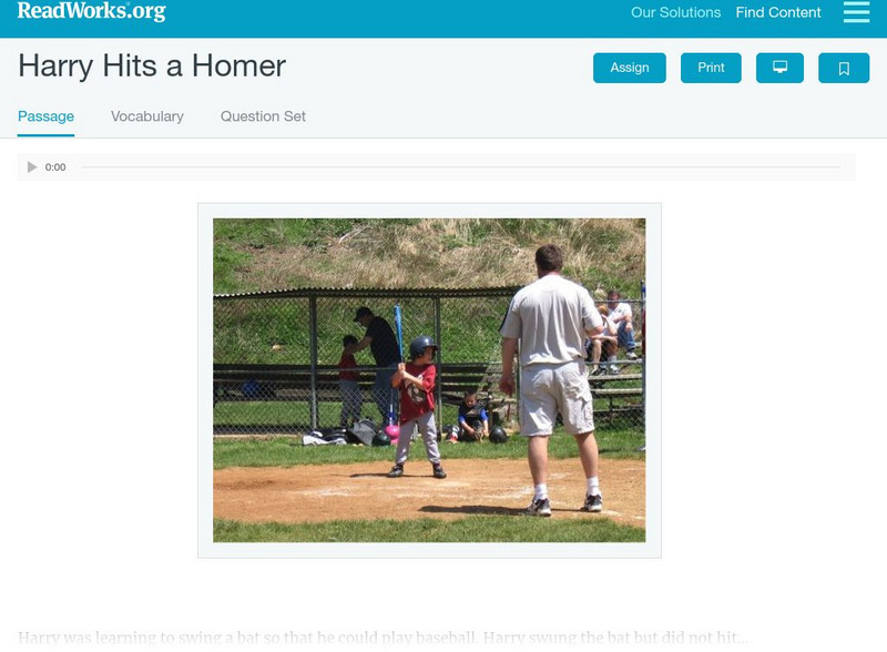 Read Works: Harry Hits a Homer Activity Read Works: Harry Hits a Homer Activity