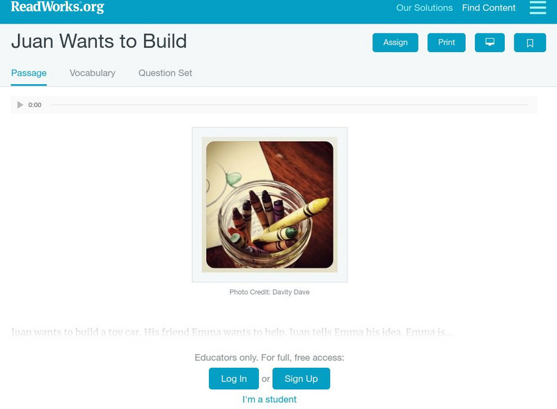 Read Works: Juan Wants to Build Activity Read Works: Juan Wants to Build Activity