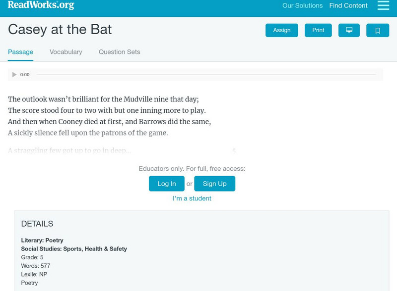 Read Works: "Casey at the Bat" Activity Read Works: "Casey at the Bat" Activity
