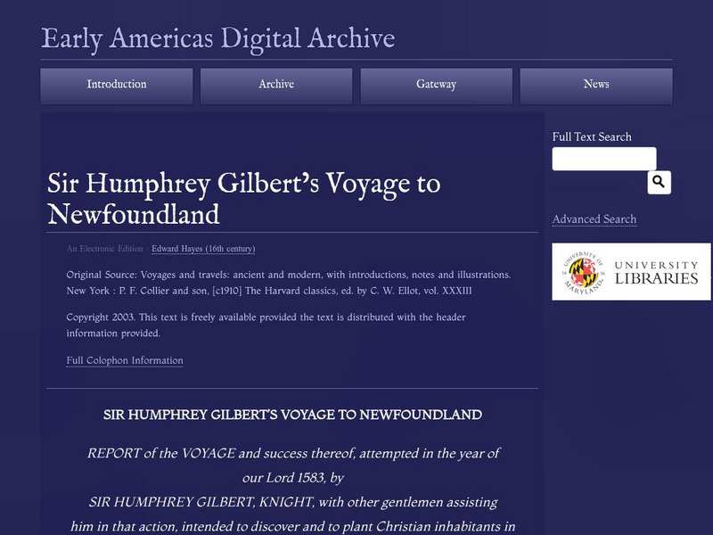 Early Americas Digital Archive: Sir Humphrey Gilbert's Voyage to Newfoundland Primary