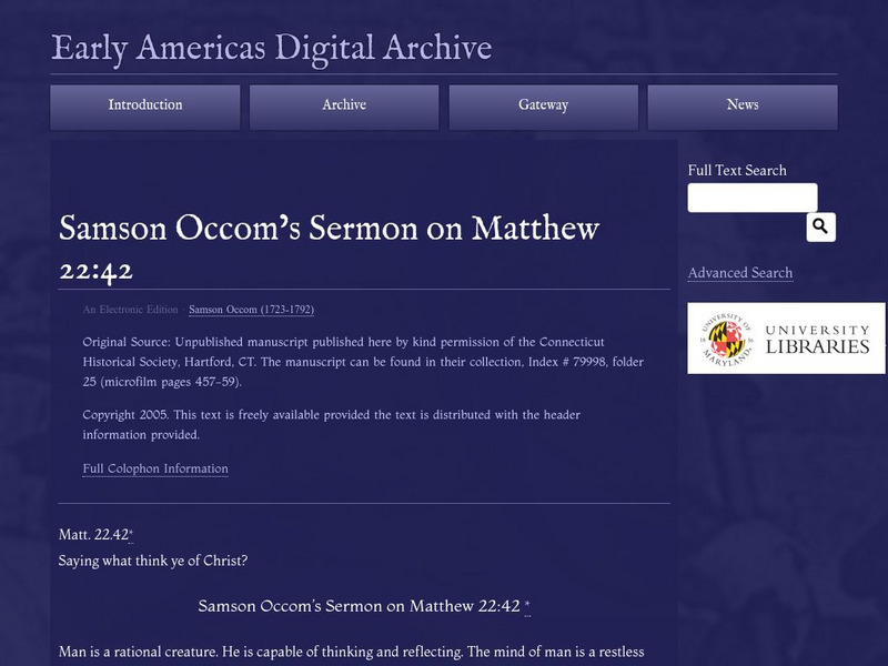 Early Americas Digital Archive: Samson Occom's Sermon on Matthew 22:42 Primary