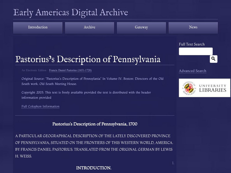 Early Americas Digital Archive: Pastorius's Description of Pennsylvania Primary
