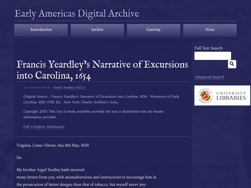Early Americas Digital Archive: Francis Yeardley's Excursions Into Carolina Primary