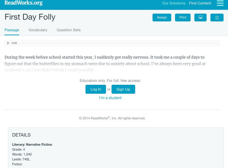 Read Works: Passages: "First Day Folly" Activity Read Works: Passages: "First Day Folly" Activity