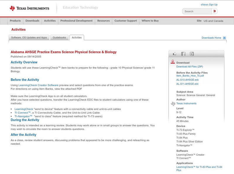 Texas Instruments: Al Ahsge Practice Exams Science Physical Science & Biolo Activity