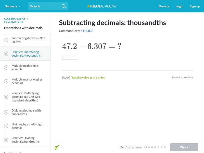 Khan Academy: Subtracting Decimals: Thousandths Unknown Type Khan Academy: Subtracting Decimals: Thousandths Unknown Type