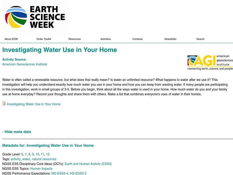 American Geosciences Institute: Earth Science Week: Investigating Water Use in Your Home Lesson Plan American Geosciences Institute: Earth Science Week: Investigating Water Use in Your Home Lesson Plan