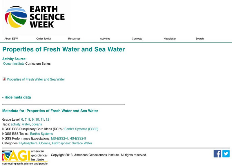 American Geosciences Institute: Earth Science Week: Properties of Fresh Water and Sea Water Lesson Plan American Geosciences Institute: Earth Science Week: Properties of Fresh Water and Sea Water Lesson Plan