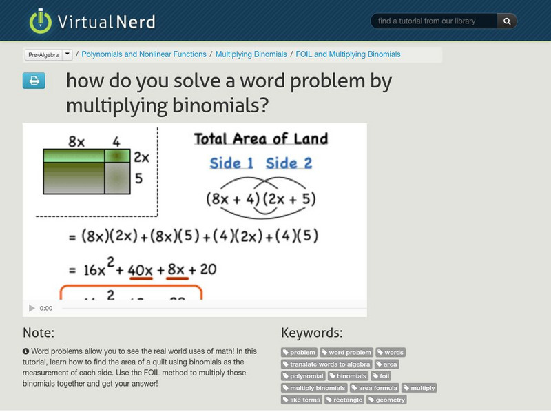 Virtual Nerd: How Do You Solve a Word Problem by Multiplying Binomials? Instructional Video