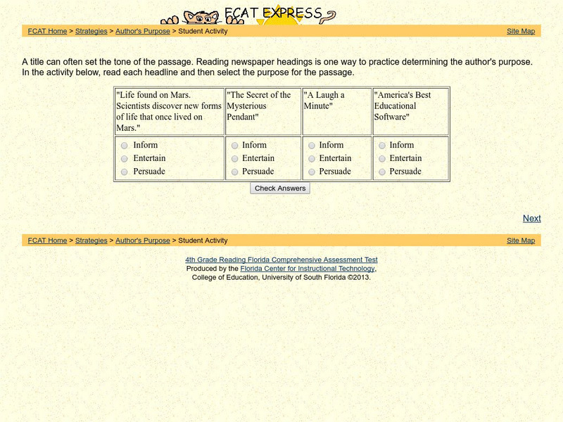 Fcat Express: Author's Purpose: Student Activity Unknown Type Fcat Express: Author's Purpose: Student Activity Unknown Type