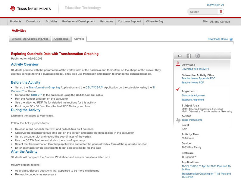 Texas Instruments: Exploring Quadratic Data With Transformation Graphing Activity Texas Instruments: Exploring Quadratic Data With Transformation Graphing Activity