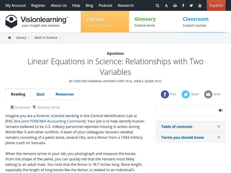 Visionlearning: Linear Equations in Science: Relationships With Two Variables Unit Plan Visionlearning: Linear Equations in Science: Relationships With Two Variables Unit Plan