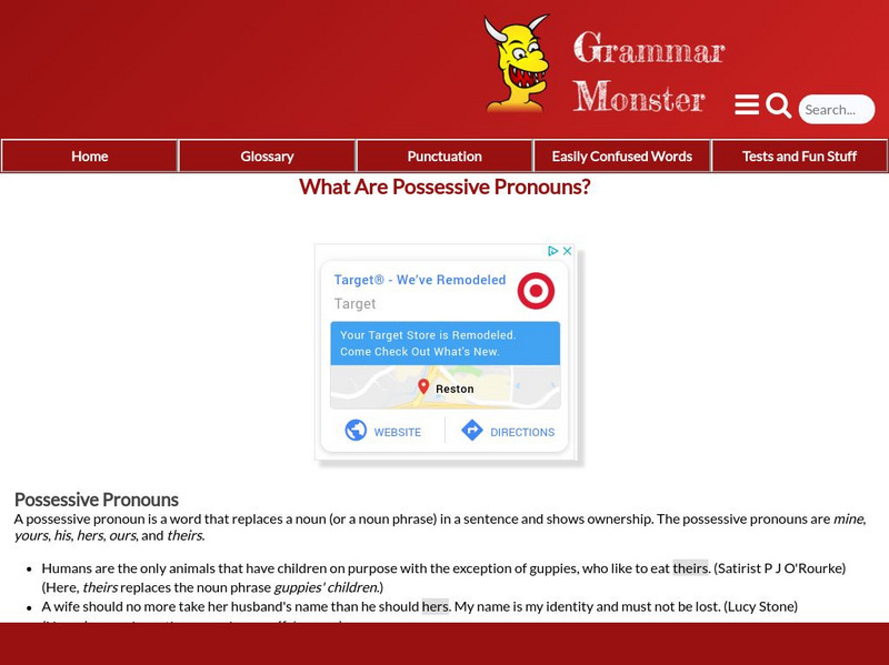 Grammar Monster: What Are Possessive Pronouns? Handout Grammar Monster: What Are Possessive Pronouns? Handout