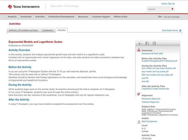 Texas Instruments: Exponential Models and Logarithmic Scales Activity