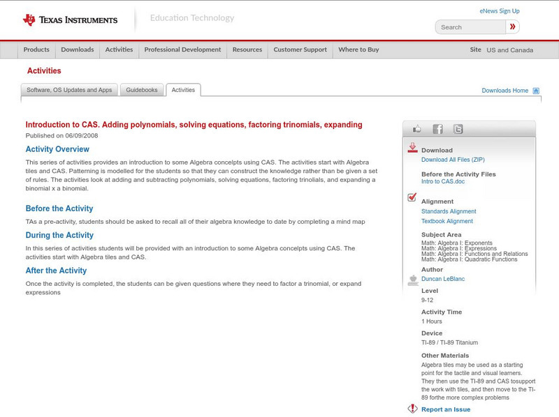 Texas Instruments: Introduction to Some Algebra Concelpts Using Cas Activity