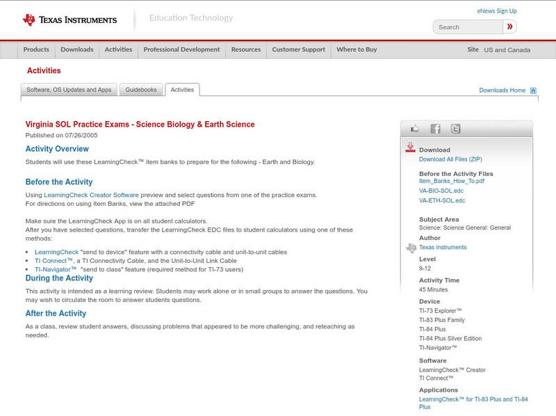 Texas Instruments: Virginia Sol Practice Exams & Science Biology & Earth Science Activity Texas Instruments: Virginia Sol Practice Exams & Science Biology & Earth Science Activity