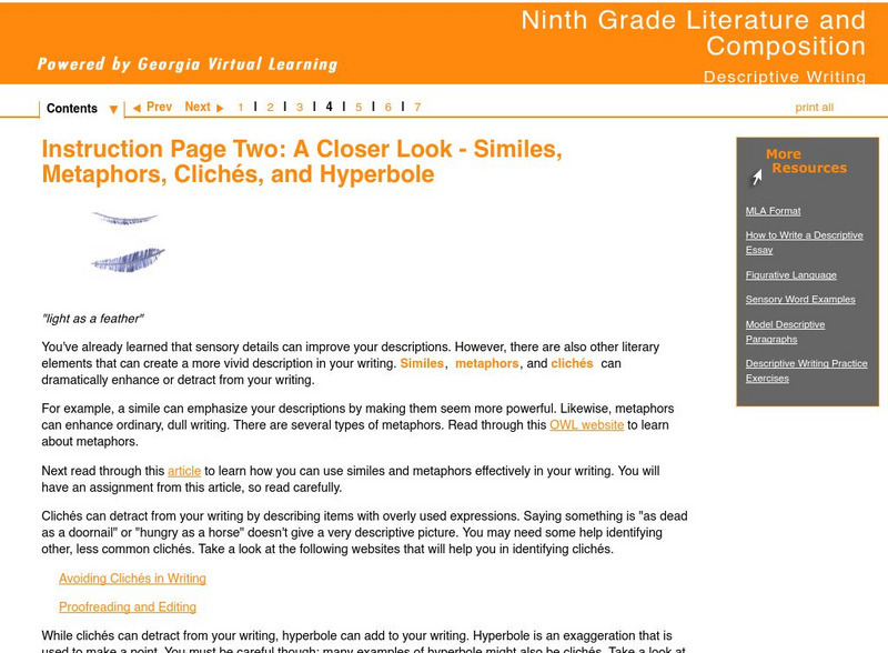 Ga Virtual Learning: Descriptive Writing: Similes, Metaphors, Cliches, Hyperbole Unit Plan Ga Virtual Learning: Descriptive Writing: Similes, Metaphors, Cliches, Hyperbole Unit Plan
