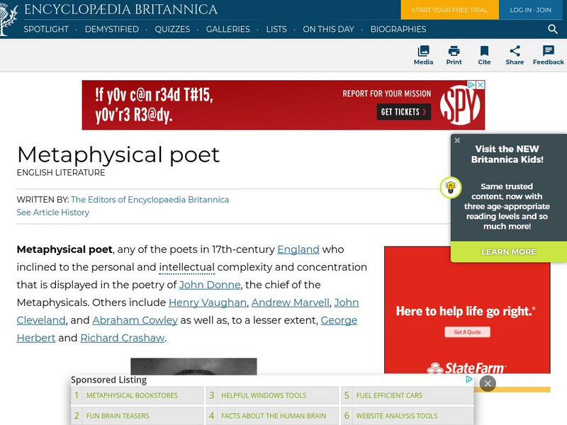 Encyclopedia Britannica: Metaphysical Poet Handout Encyclopedia Britannica: Metaphysical Poet Handout