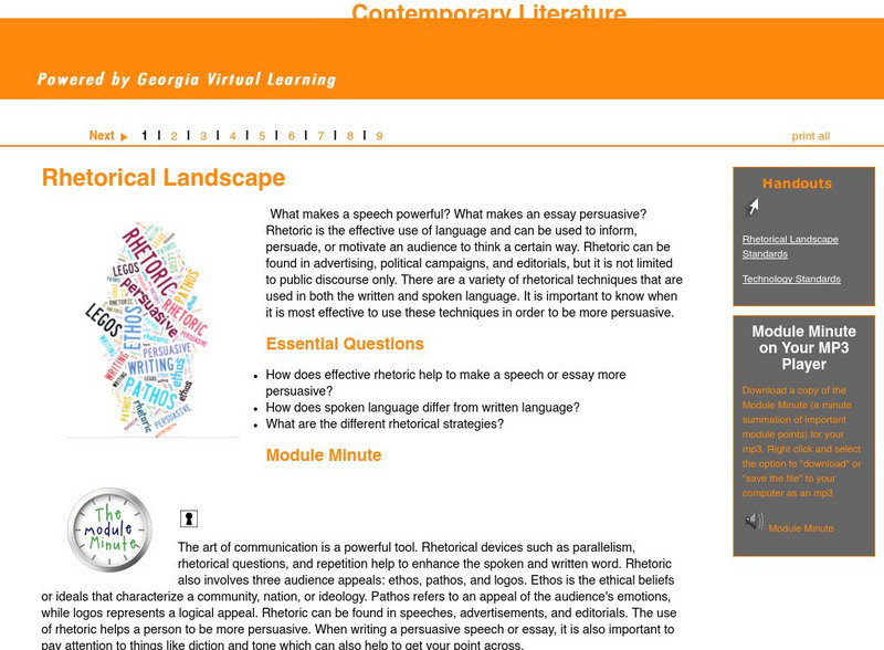 Ga Virtual Learning: Contemporary Literature: Rhetorical Landscape Unit Plan Ga Virtual Learning: Contemporary Literature: Rhetorical Landscape Unit Plan