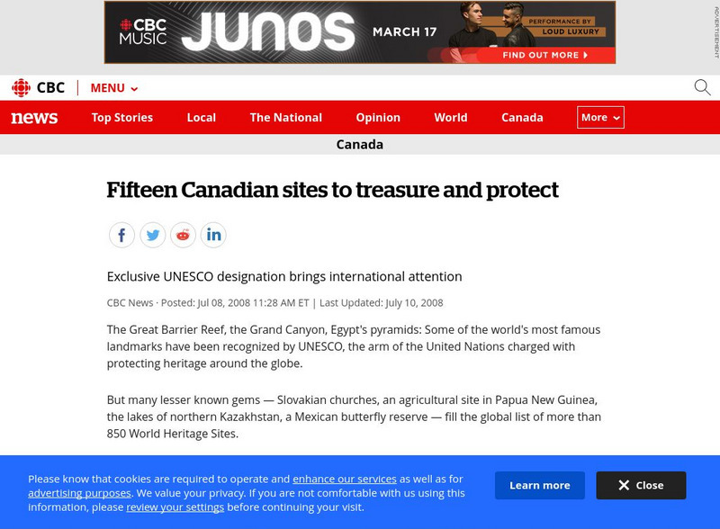 Cbc: Fifteen Canadian Sites to Treasure and Protect Article Cbc: Fifteen Canadian Sites to Treasure and Protect Article