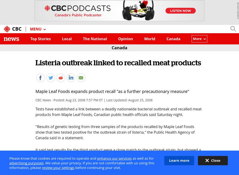 Cbc News: Listeria Outbreak Linked to Recalled Meat Products Article Cbc News: Listeria Outbreak Linked to Recalled Meat Products Article