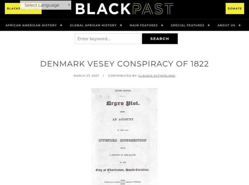 Black Past: Denmark Vesey Conspiracy Handout Black Past: Denmark Vesey Conspiracy Handout