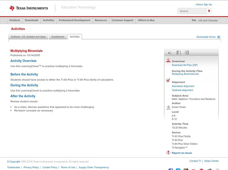 Texas Instruments: Multiplying Binomials Activity Texas Instruments: Multiplying Binomials Activity