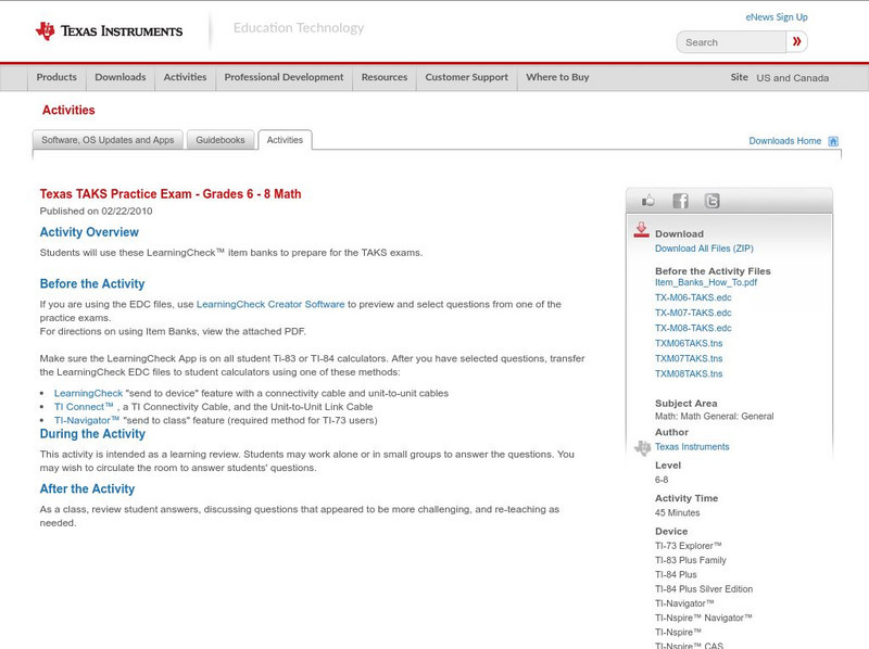 Texas Instruments: Texas Taks Practice Exam Grades 6 8 Math Activity