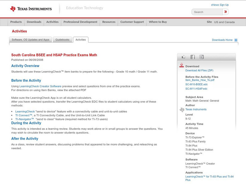 Texas Instruments: South Carolina Practice Exams for Math Activity