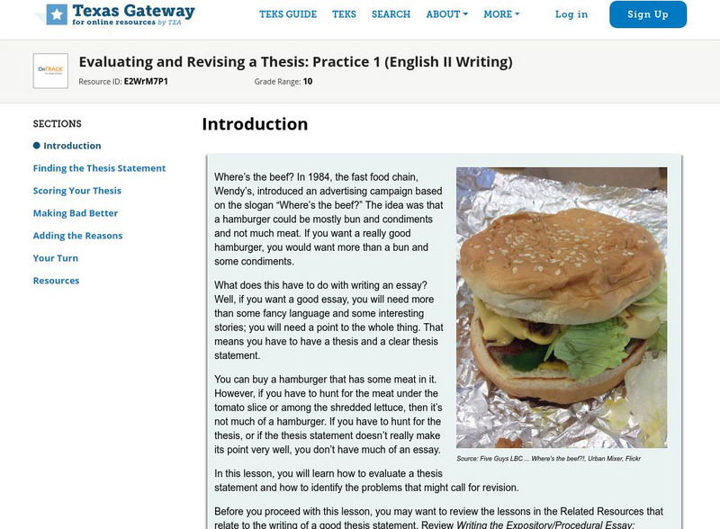 Texas Gateway: Evaluating and Revising a Thesis: Practice 1 (English Ii Writing) Unit Plan Texas Gateway: Evaluating and Revising a Thesis: Practice 1 (English Ii Writing) Unit Plan
