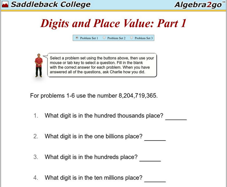 Algebra2go: Digits and Place Value: Part 1 Problem Sets Unit Plan Algebra2go: Digits and Place Value: Part 1 Problem Sets Unit Plan