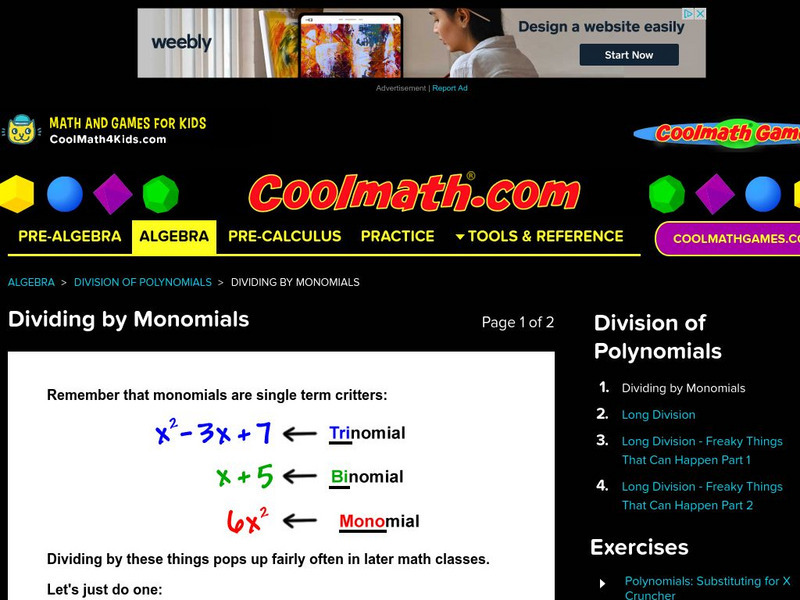 Coolmath: Dividing by Monomials Activity Coolmath: Dividing by Monomials Activity