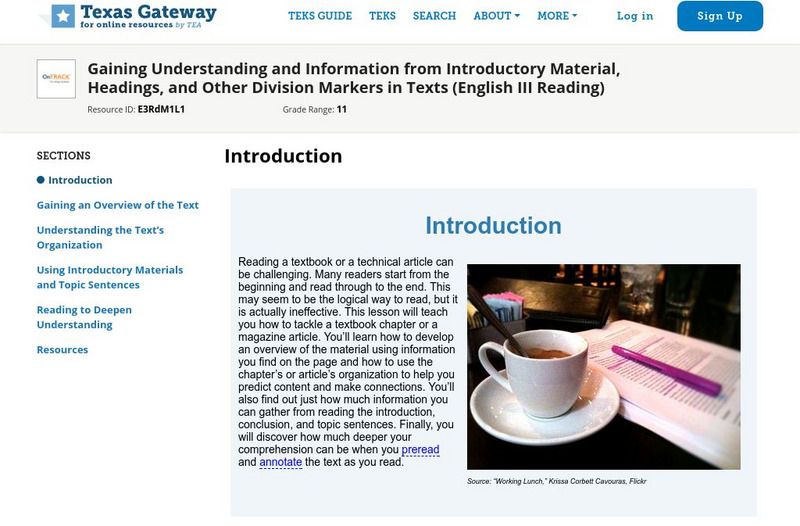 Texas Gateway: Understand Information From Introductory Material, Headings, Etc. Unit Plan Texas Gateway: Understand Information From Introductory Material, Headings, Etc. Unit Plan
