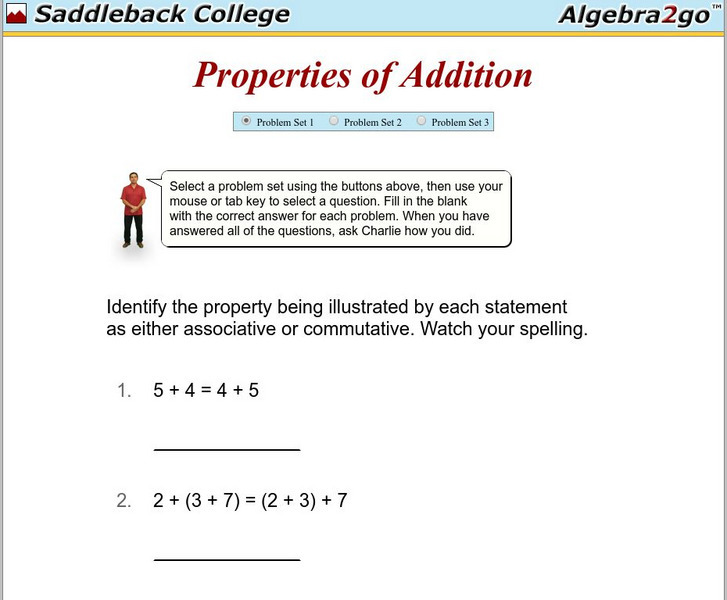 Algebra2go: Properties of Addition Problem Sets Unit Plan
