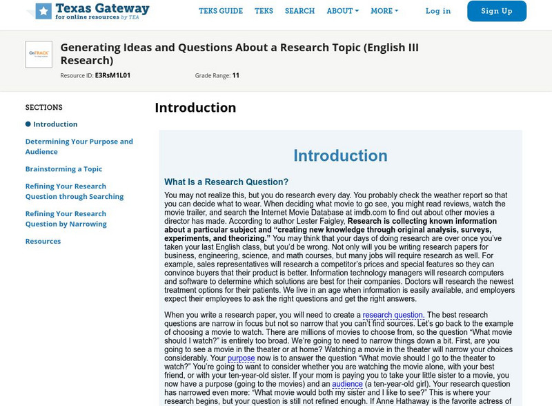 Texas Gateway: Generating Ideas and Questions About a Research Topic Unit Plan Texas Gateway: Generating Ideas and Questions About a Research Topic Unit Plan