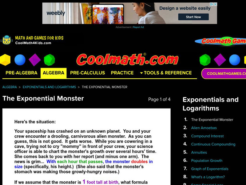 Coolmath: Exponentials & Logarithms the Exponential Monster Activity Coolmath: Exponentials & Logarithms the Exponential Monster Activity