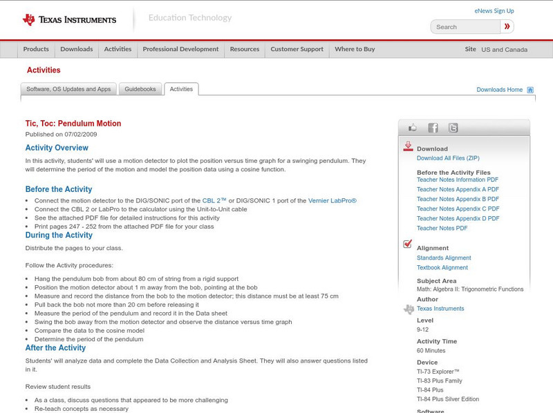 Texas Instruments: Tic, Toc: Pendulum Motion Activity Texas Instruments: Tic, Toc: Pendulum Motion Activity
