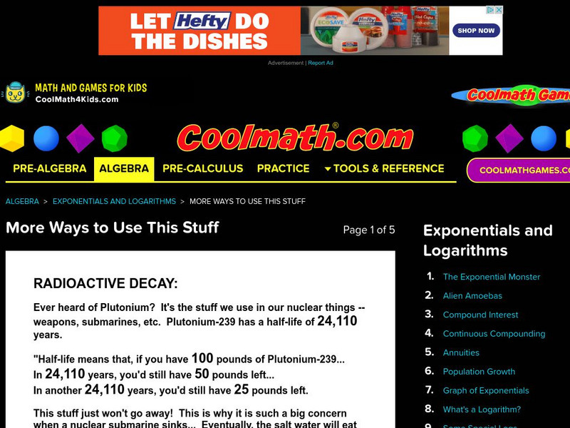 Coolmath: Exponentials & Logarithms More Ways to Use This Stuff Activity