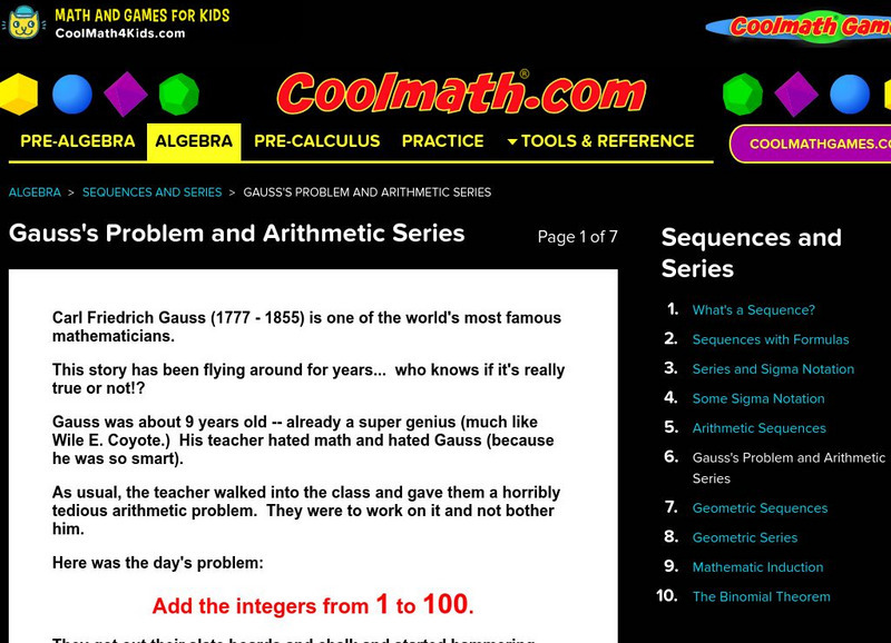 Coolmath: Gauss's Problem and Arithmetic Series Activity