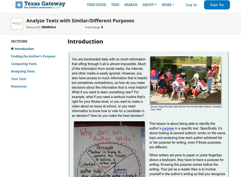 Texas Gateway: Analyze Texts With Similar/different Author's Purpose Unit Plan Texas Gateway: Analyze Texts With Similar/different Author's Purpose Unit Plan