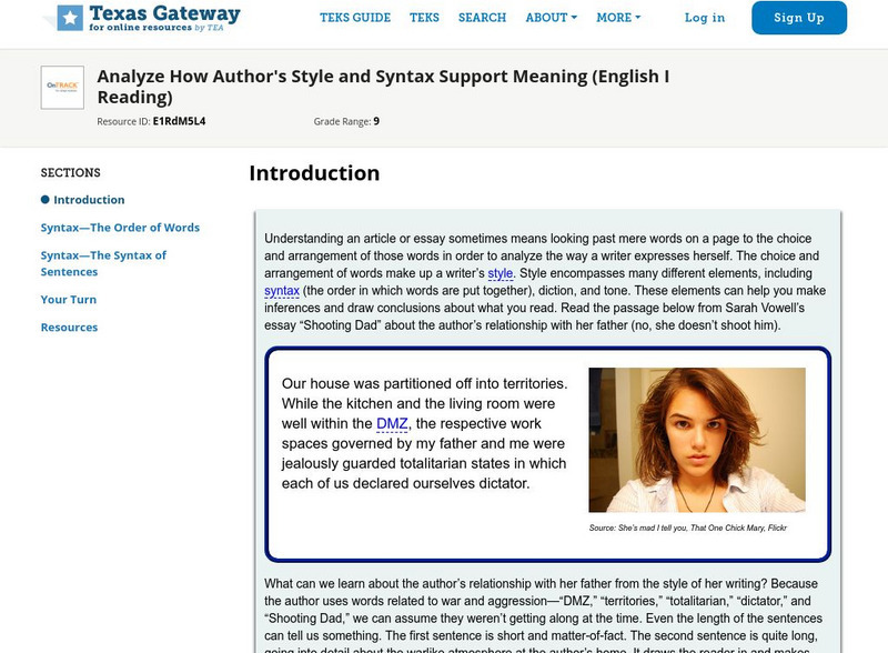 Texas Gateway: Analyze How Author's Style and Syntax Support Meaning Unit Plan Texas Gateway: Analyze How Author's Style and Syntax Support Meaning Unit Plan