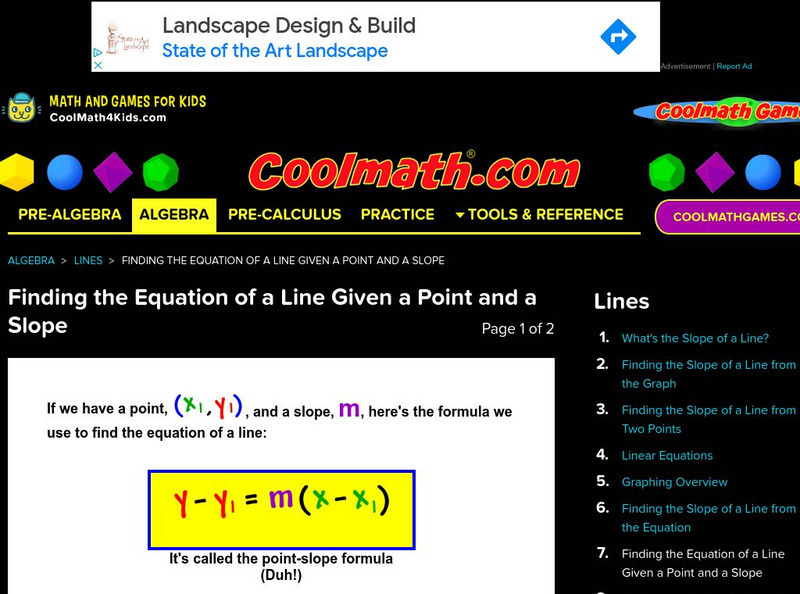 Coolmath: Finding the Equation of a Line Given a Point and a Slope Activity Coolmath: Finding the Equation of a Line Given a Point and a Slope Activity