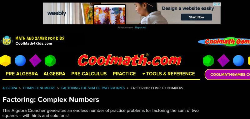 Coolmath: Factoring Complex Numbers Exercises Activity