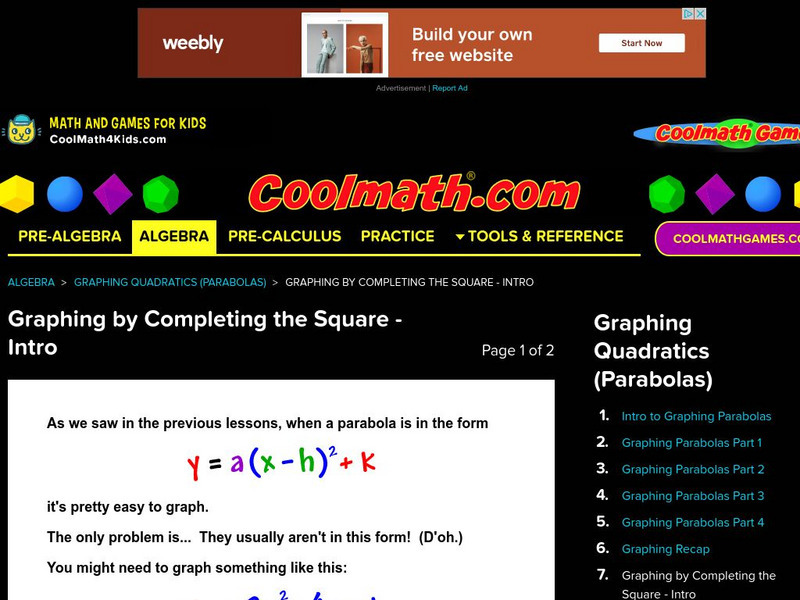 Coolmath: Graphing by Completing the Square Intro Activity Coolmath: Graphing by Completing the Square Intro Activity