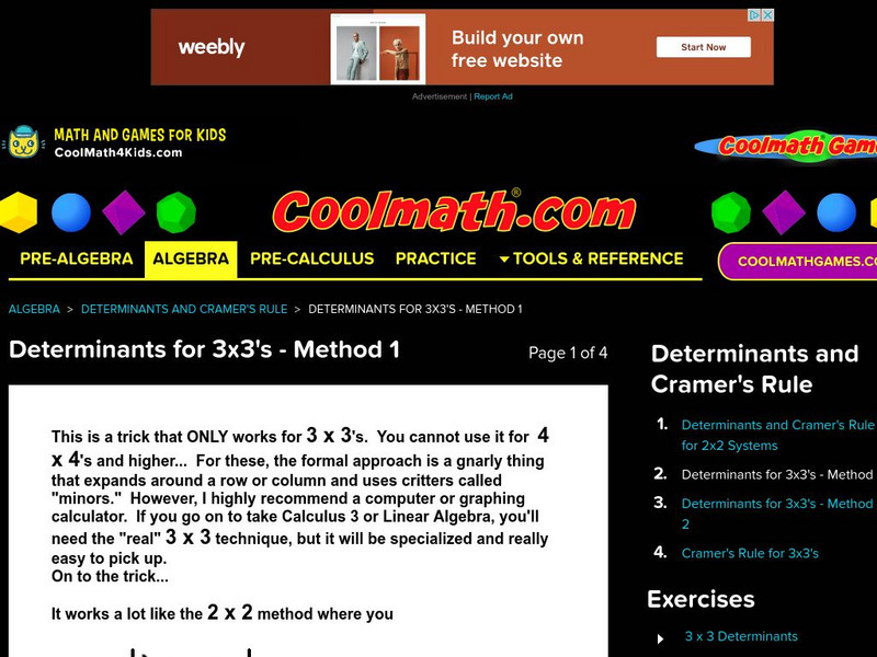 Coolmath: Determinants for 3x3's Method 1 Activity