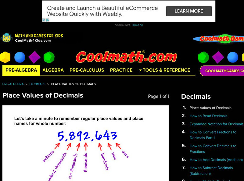 Coolmath: Decimals Place Value of Decimals Activity Coolmath: Decimals Place Value of Decimals Activity