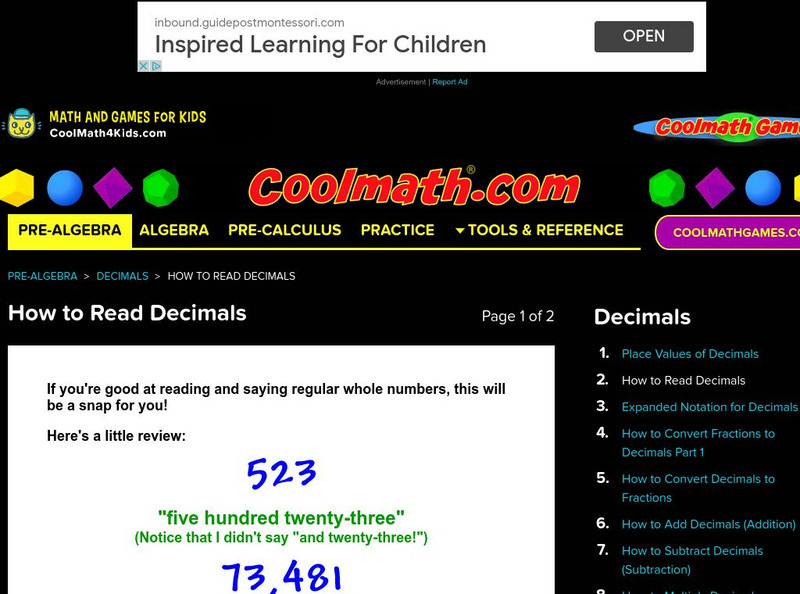 Coolmath: Decimals How to Read Decimals Activity Coolmath: Decimals How to Read Decimals Activity